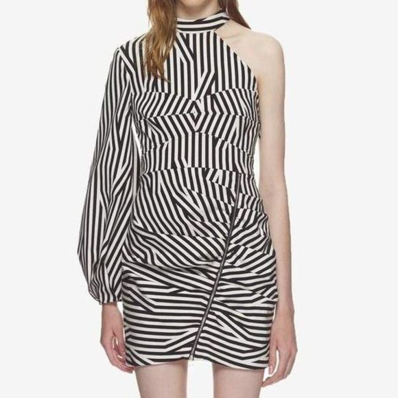 Self-Portrait Dresses & Skirts - [SOLD]Self Portrait Black &White Striped One-Sleeve Dress w/Faux Zip Detail - 6